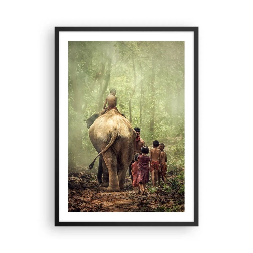 Pôster com moldura preta - Crianças e um elefante na floresta tropical - 50x70cm - Novo Livro da Selva - Decoração de parede moderna para a sala de estar e quarto ARTTOR