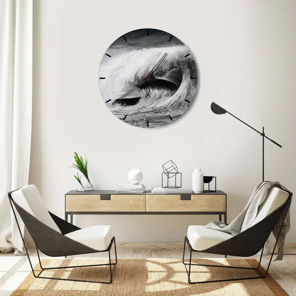 Relógio de parede - Relógio em vidro - Uma onda dinâmica em tons de preto e branco - 30x30cm - A ira do oceano - Decoração de parede moderna para a sala de estar, cozinha e quarto ARTTOR