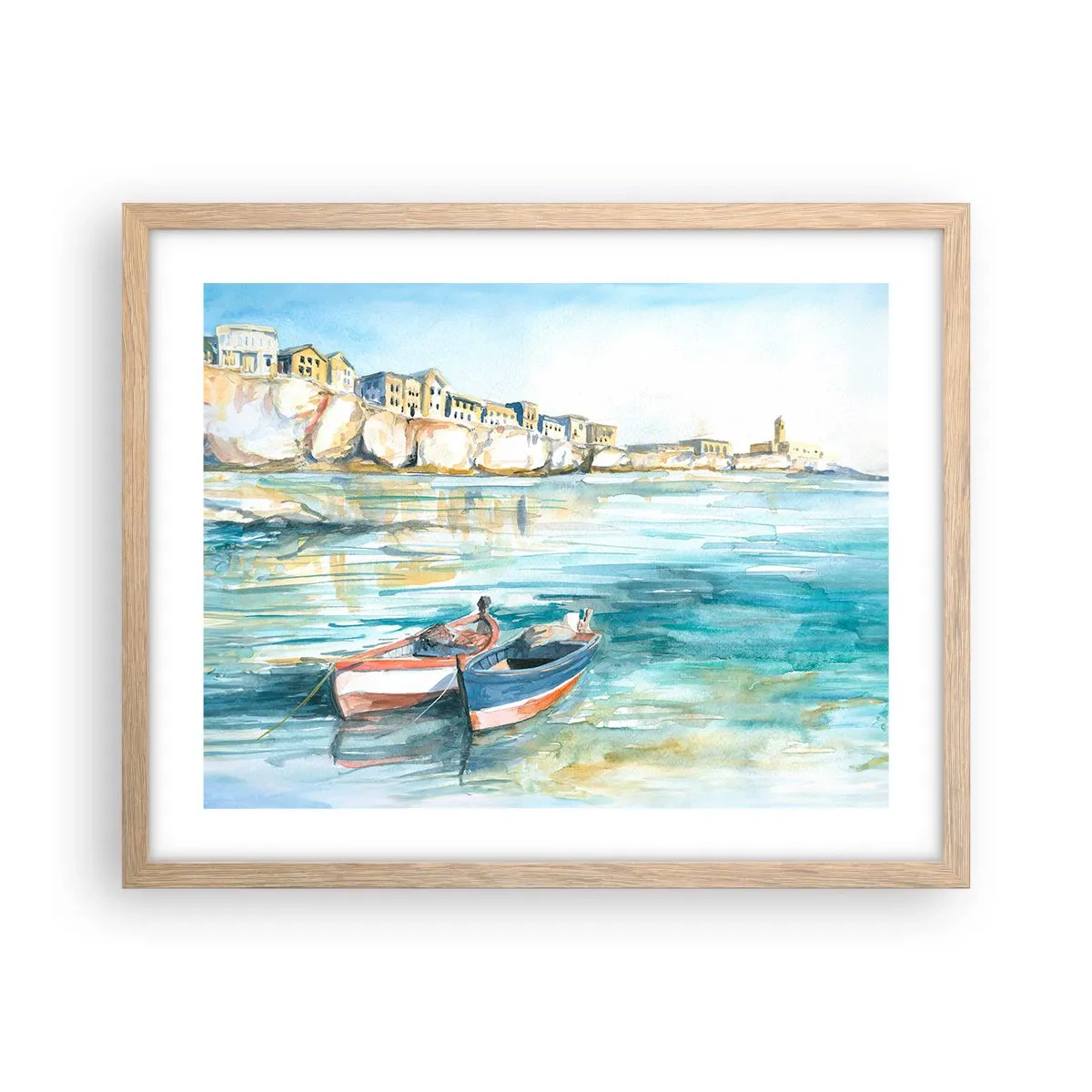 Pôster com moldura de carvalho claro - Paisagem em azul - 50x40 cm