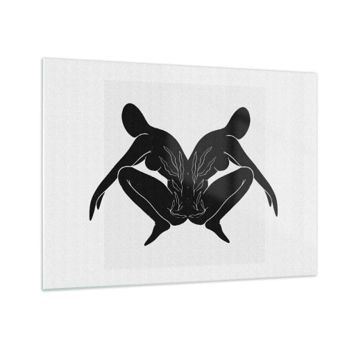 Quadro em vidro - Figuras pretas formando um coração simétrico sobre um fundo branco - 70x50cm - Uma alma comum - Decoração de parede moderna para a sala de estar e quarto ARTTOR