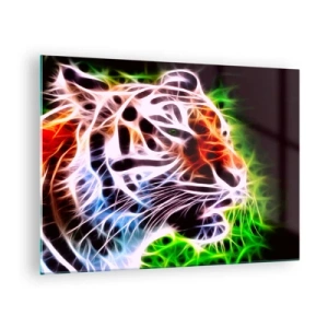 Quadro em vidro - Um tigre em cores neon e luminosas - 70x50cm - Aura perigosa - Decoração de parede moderna para a sala de estar e quarto ARTTOR