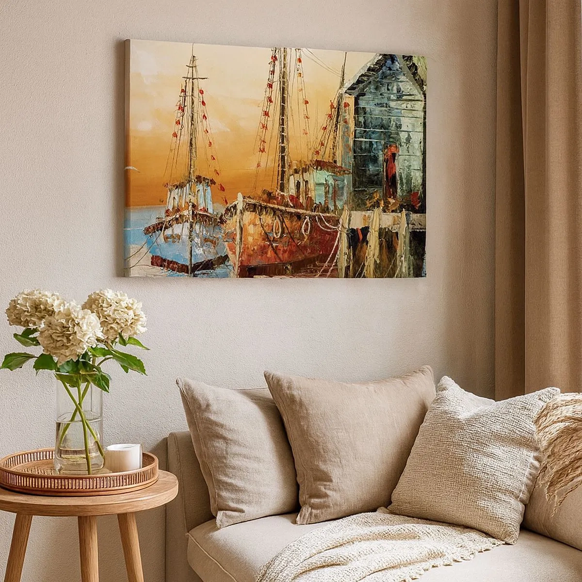 Quadro em tela - Barcos na praia sob a luz quente do pôr do sol - 70x50cm - Um regresso tranquilo - Decoração de parede moderna para a sala de estar e quarto ARTTOR