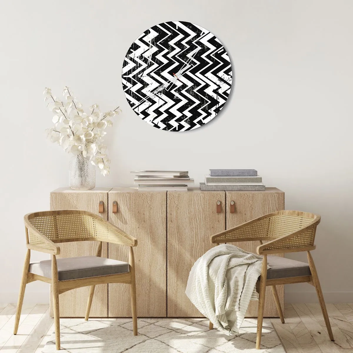 Relógio de parede - Relógio em vidro - Zig-branco, zag-preto - 30x30 cm