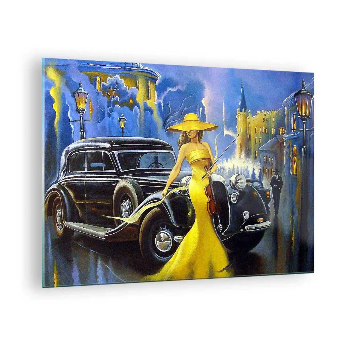 Quadro em vidro - Uma mulher com um vestido amarelo ao lado de um carro antigo - 70x50cm - Música instrumental com violino e amor - Decoração de parede moderna para a sala de estar e quarto ARTTOR