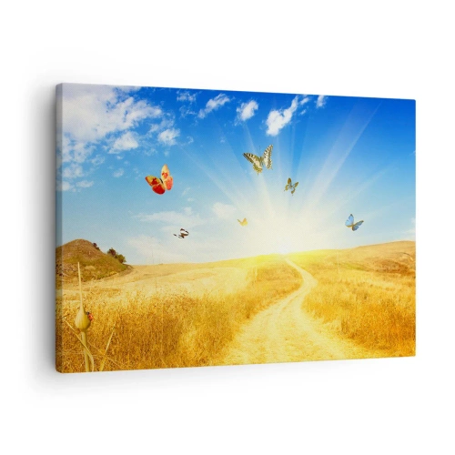 Quadro em tela - Um campo dourado, um caminho e borboletas contra um céu azul - 70x50cm - E como não amar o verão? - Decoração de parede moderna para a sala de estar e quarto ARTTOR