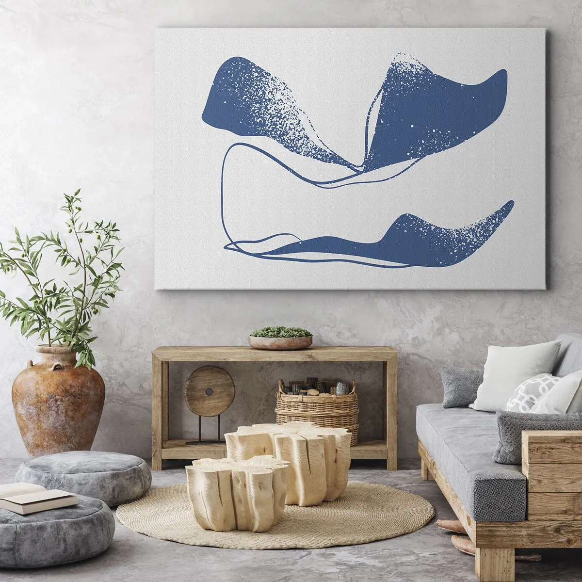 Quadro em tela - Formas abstratas em tons de azul sobre fundo branco - 70x50cm - Abstração alada - Decoração de parede moderna para a sala de estar e quarto ARTTOR