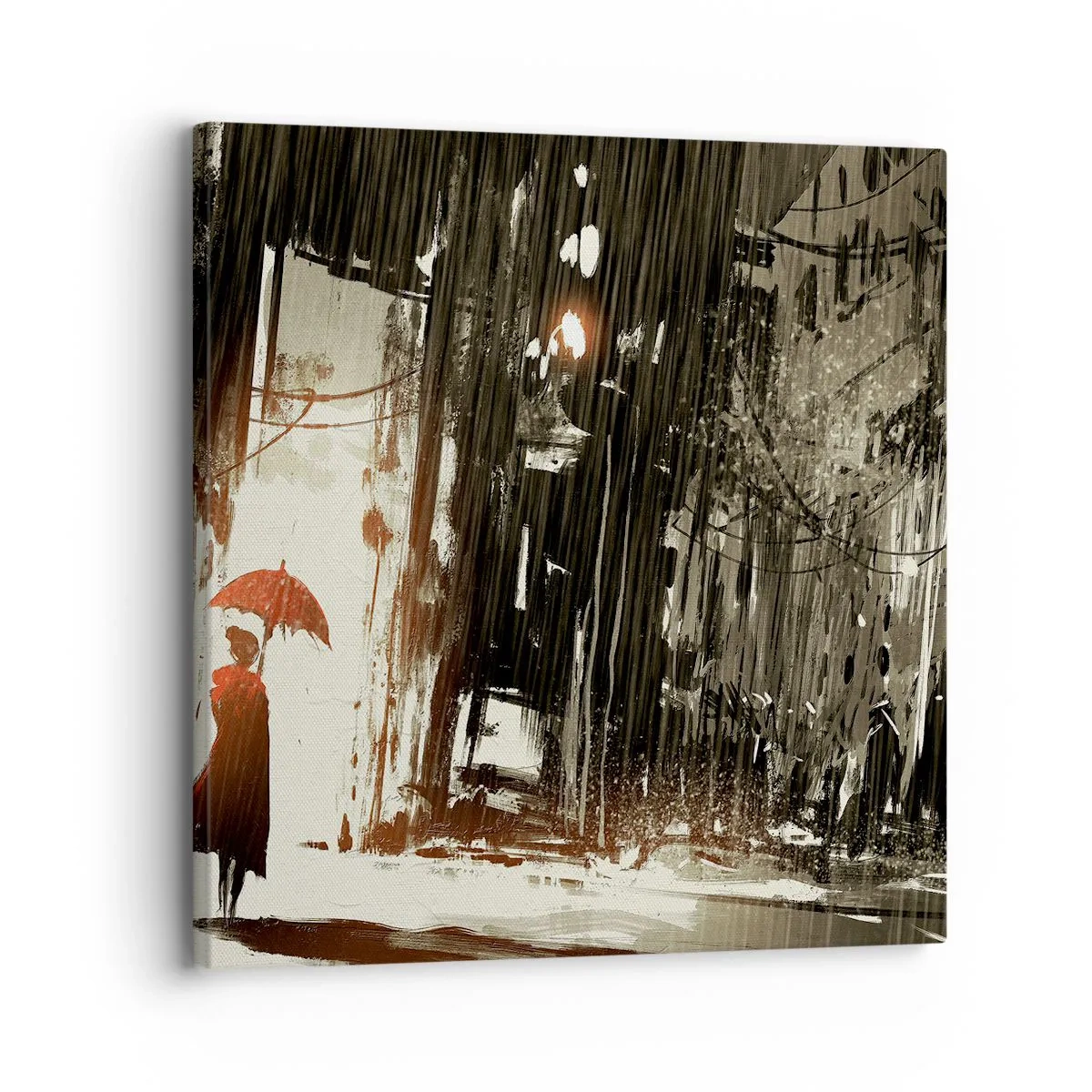 Quadro em tela - A poesia do guarda-chuva vermelho - 30x30 cm