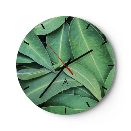 Relógio de parede - Relógio em vidro - Folhas verdes suculentas em uma foto macro - 30x30cm - Suculentas e frescas - Decoração de parede moderna para a sala de estar, cozinha e quarto ARTTOR