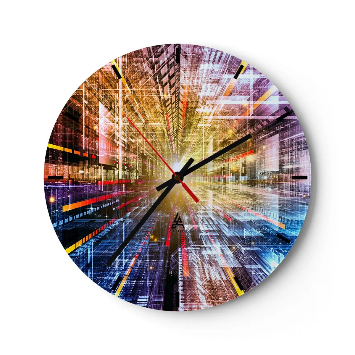 Relógio de parede - Relógio em vidro - Uma visão abstrata da cidade com efeitos de luz e cores - 30x30cm - Corredor de luz - Decoração de parede moderna para a sala de estar, cozinha e quarto ARTTOR
