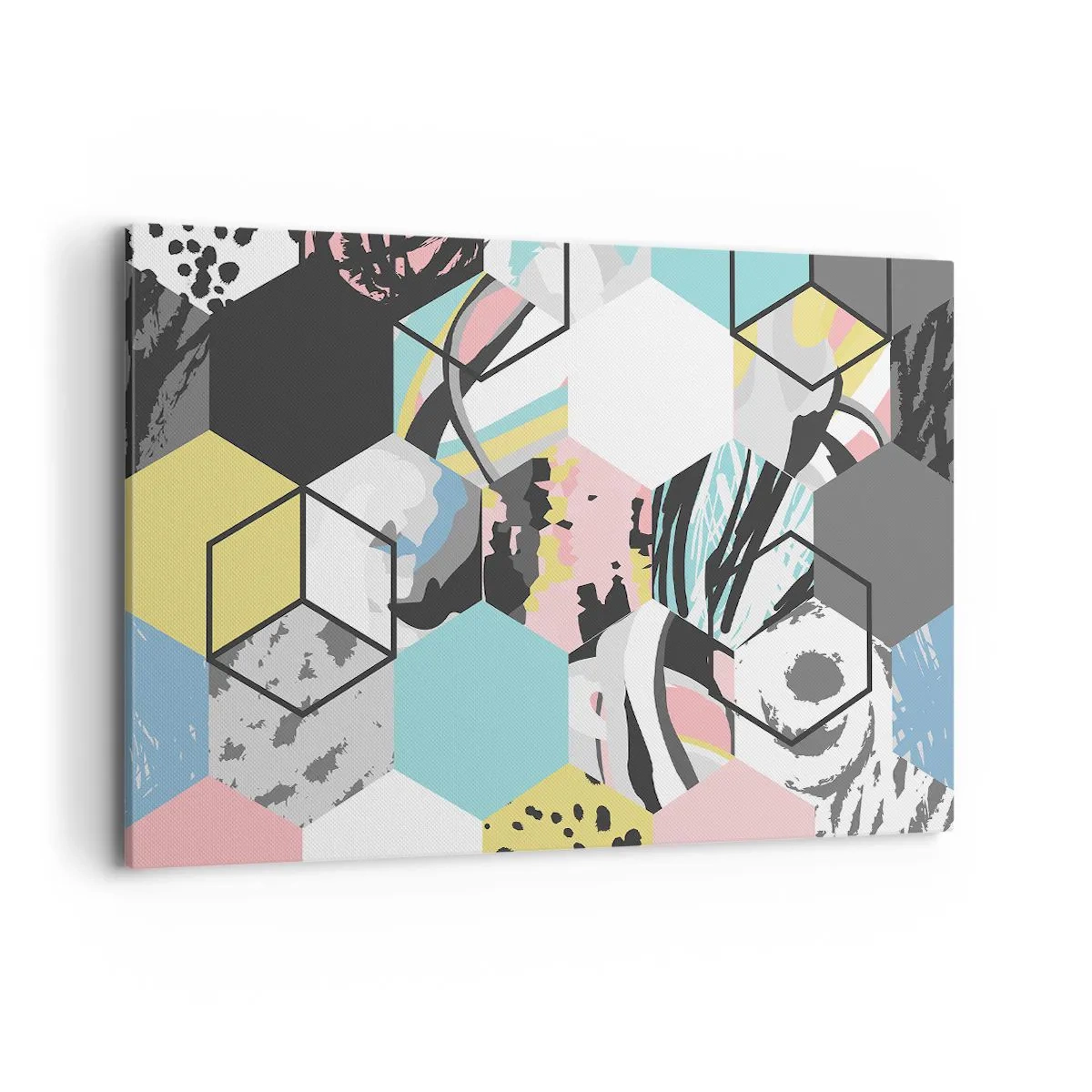 Quadro em tela - Hexágonos e cubos em seis cores - 120x80 cm