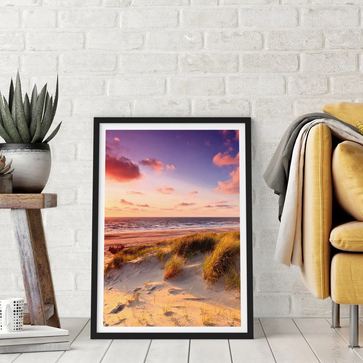 Pôster com moldura preta - Praia com dunas e pôr do sol - 50x70cm - Ar com cheiro de verão - Decoração de parede moderna para a sala de estar e quarto ARTTOR
