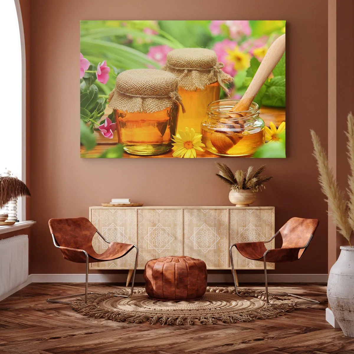Quadro em tela - Potes de mel com flores no fundo de um jardim de verão - 70x50cm - Doce e floral - Decoração de parede moderna para a sala de estar e quarto ARTTOR