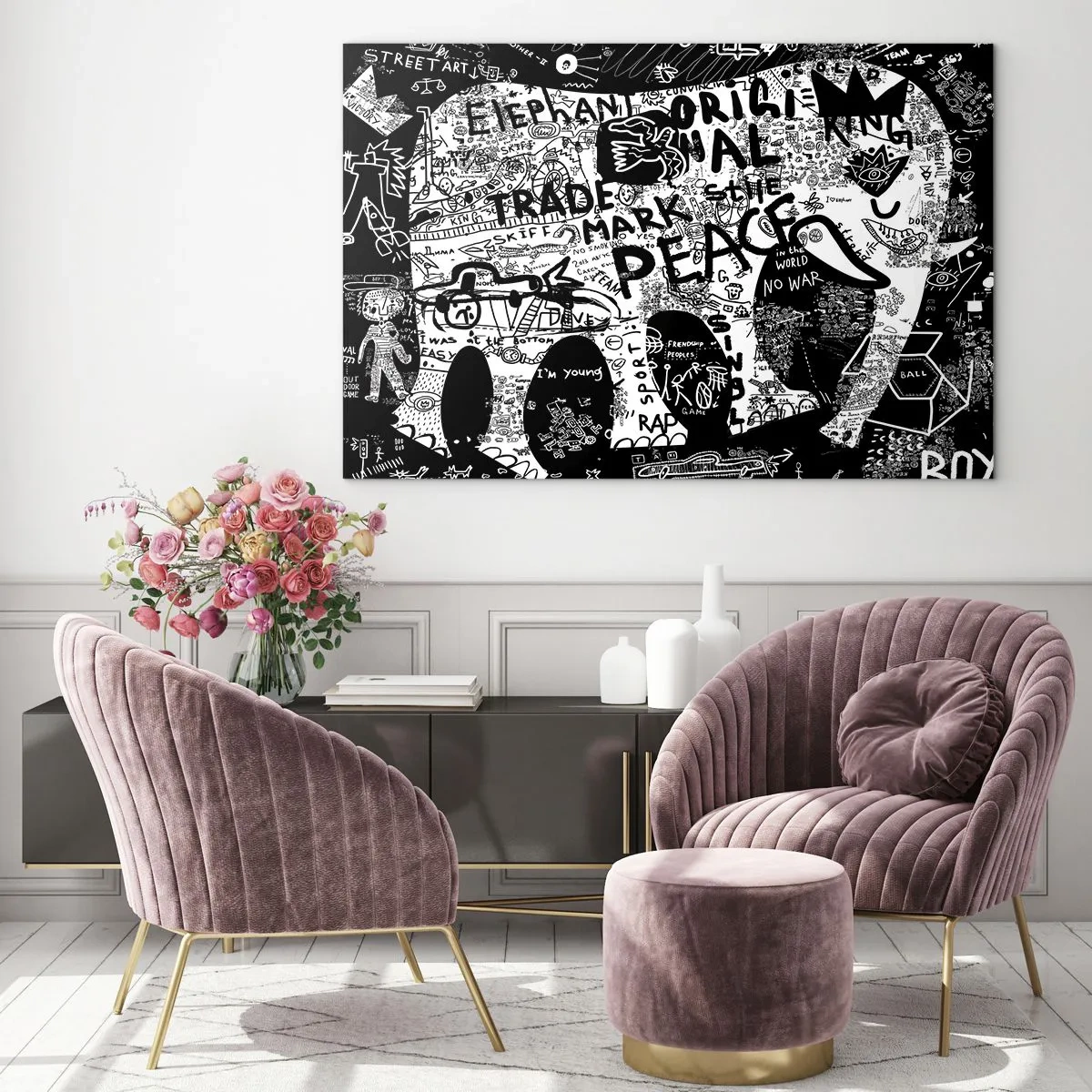 Quadro em vidro - Imagem de grafite em preto e branco com temas de paz e liberdade - 70x50cm - O rico mundo das ruas - Decoração de parede moderna para a sala de estar e quarto ARTTOR