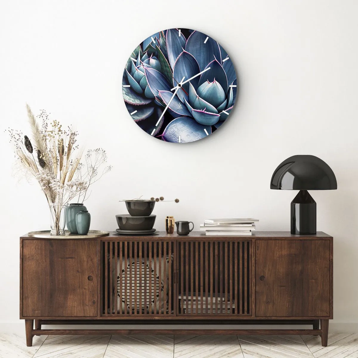 Relógio de parede - Relógio em vidro - Rosetas exuberantes de suculentas em tons de turquesa e roxo - 30x30cm - Força vital - Decoração de parede moderna para a sala de estar, cozinha e quarto ARTTOR