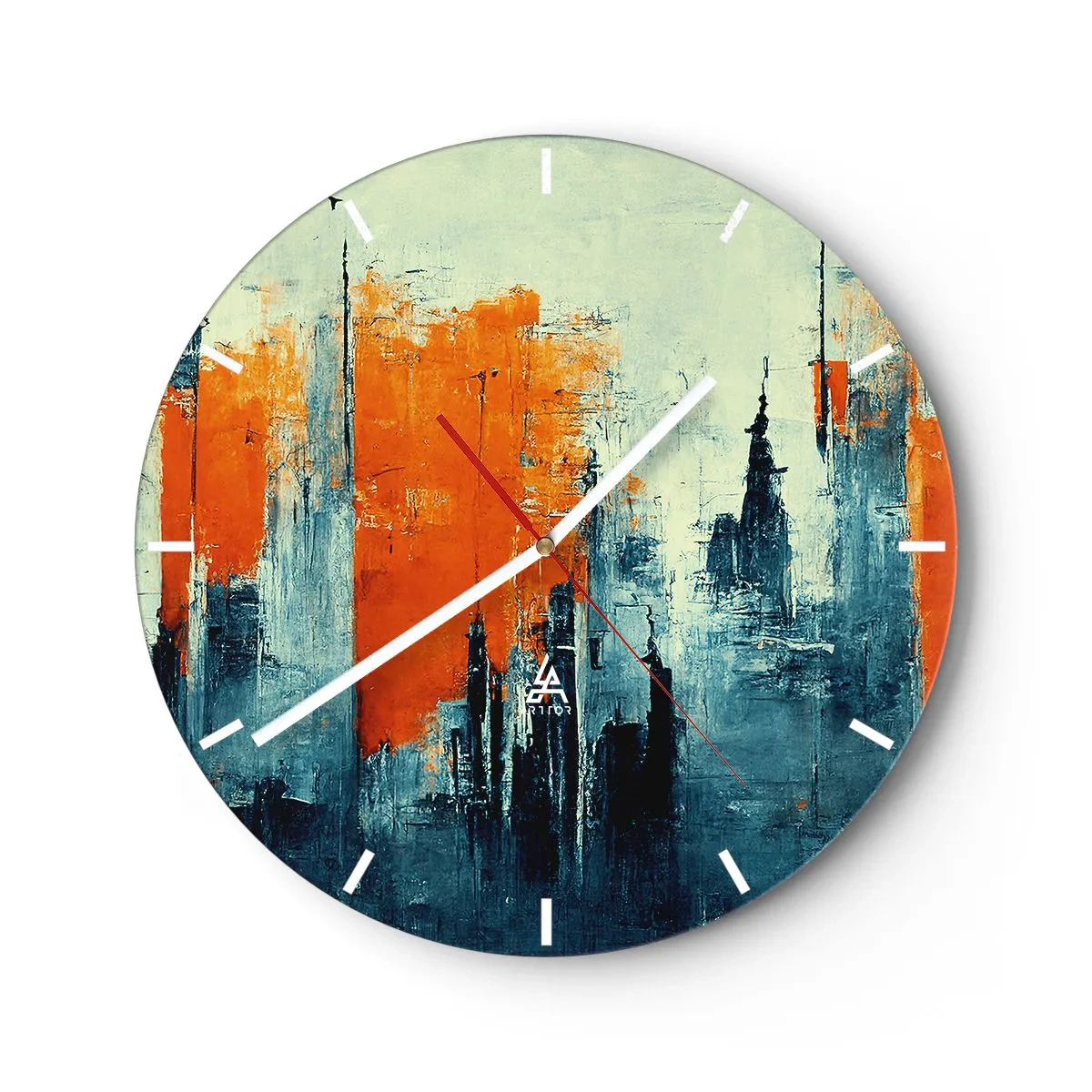 Relógio de parede - Relógio em vidro - Panorama abstrato da cidade em tons de laranja e azul marinho - 30x30cm - Paisagem moderna - Decoração de parede moderna para a sala de estar, cozinha e quarto ARTTOR