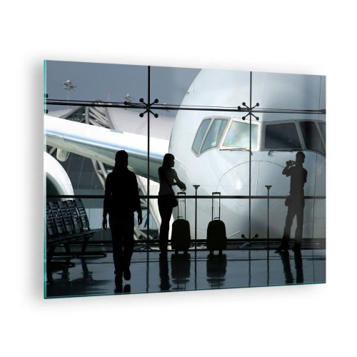 Quadro em vidro - Aeroporto com vista do avião e silhuetas de viajantes - 70x50cm - Vis a vis no aeroporto - Decoração de parede moderna para a sala de estar e quarto ARTTOR