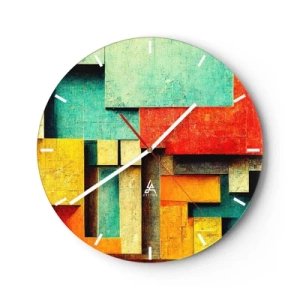 Relógio de parede - Relógio em vidro - Blocos geométricos coloridos em estilo abstrato - 30x30cm - Festival de ângulos vivos - Decoração de parede moderna para a sala de estar, cozinha e quarto ARTTOR