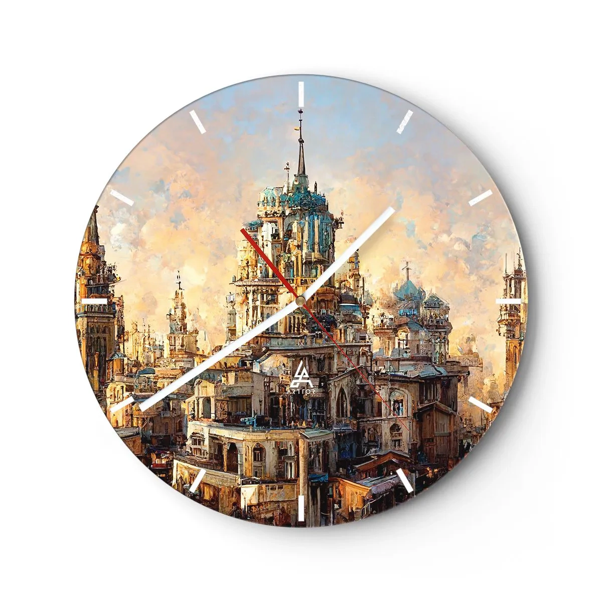 Relógio de parede - Relógio em vidro - As torres e edifícios de uma cidade fantástica ao pôr do sol - 30x30cm - Cidade das cidades - Decoração de parede moderna para a sala de estar, cozinha e quarto ARTTOR