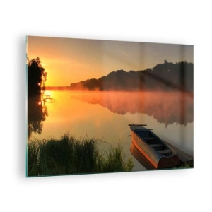 Quadro em vidro - Nascer do sol sobre um lago calmo com um barco na costa - 70x50cm - Nascer do sol sobre a água como um espelho - Decoração de parede moderna para a sala de estar e quarto ARTTOR
