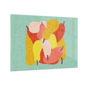 Quadro em vidro - Peras coloridas em estilo gráfico sobre fundo turquesa - 70x50cm - Experimente o sol de verão - Decoração de parede moderna para a sala de estar e quarto ARTTOR