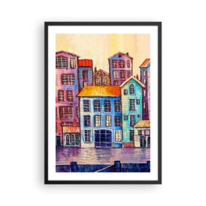 Pôster com moldura preta - Casas coloridas à beira da água em estilo pictórico - 50x70cm - Uma cidade como de um conto de fadas - Decoração de parede moderna para a sala de estar e quarto ARTTOR