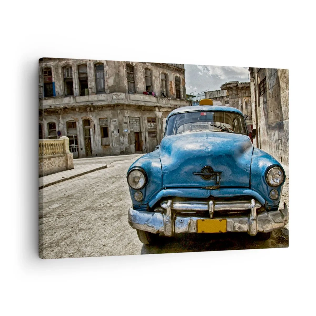 Quadro em tela - Um velho carro azul na rua em estilo retrô - 70x50cm - O antigo é lindo - Decoração de parede moderna para a sala de estar e quarto ARTTOR