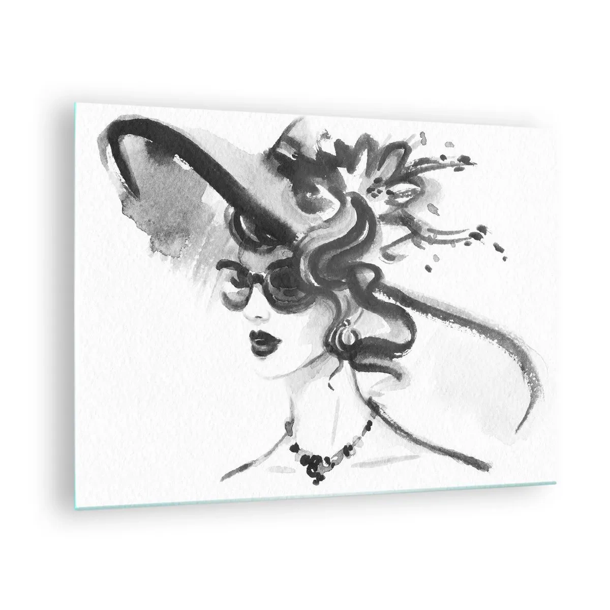 Quadro em vidro - Retrato em preto e branco de uma mulher usando um chapéu - 70x50cm - Uma dama com caráter - Decoração de parede moderna para a sala de estar e quarto ARTTOR