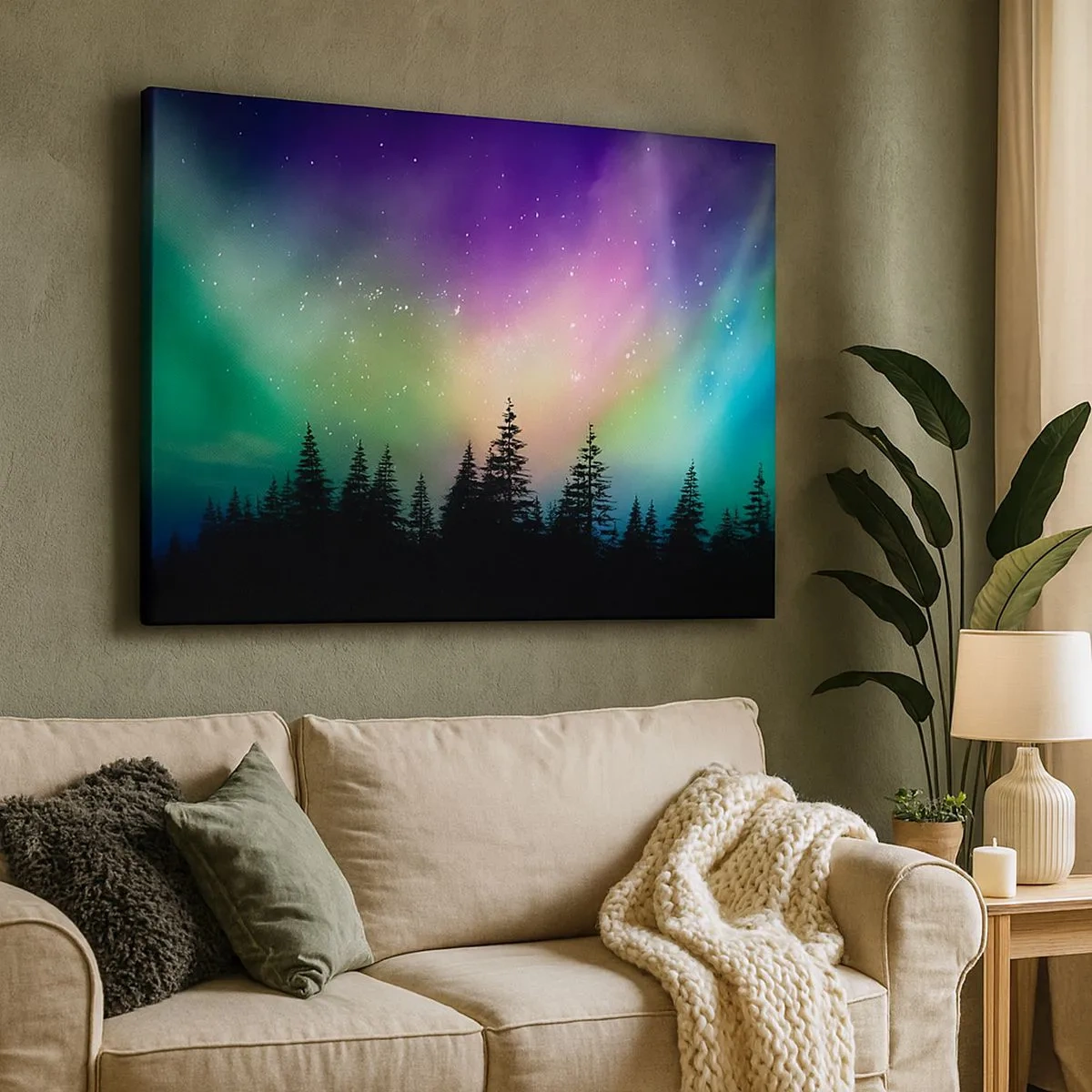 Quadro em tela - Aurora Boreal sobre uma floresta com céu estrelado - 70x50cm - Magia branca - Decoração de parede moderna para a sala de estar e quarto ARTTOR