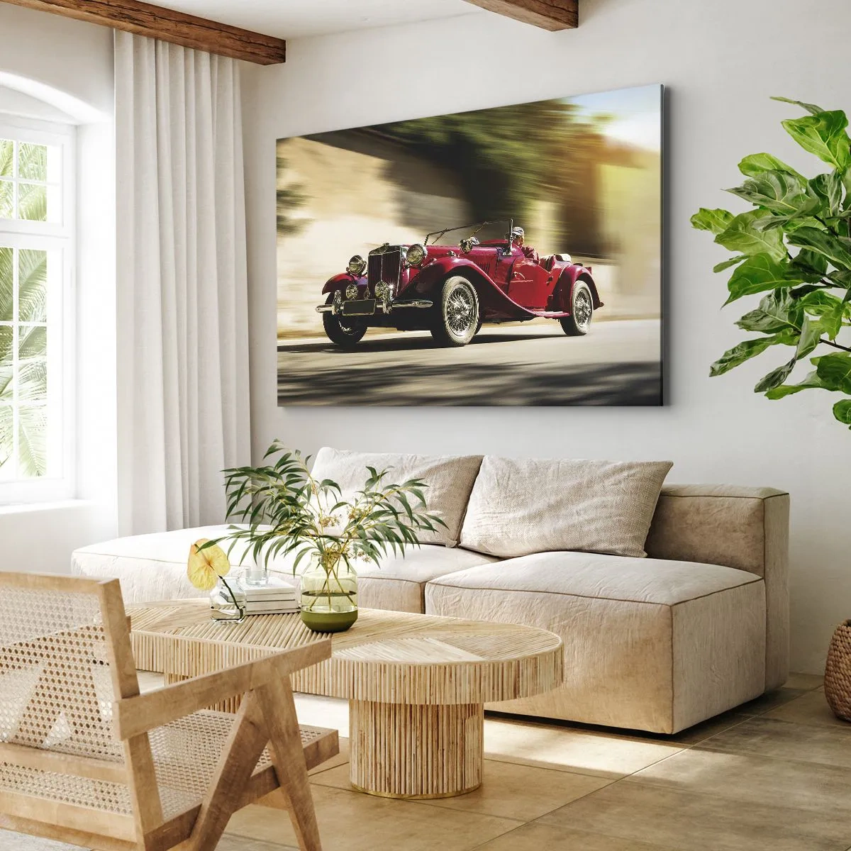 Quadro em tela - Carro clássico vermelho em movimento em uma rua ensolarada - 70x50cm - Mais bonita que a Vitória de Samotrácia - Decoração de parede moderna para a sala de estar e quarto ARTTOR