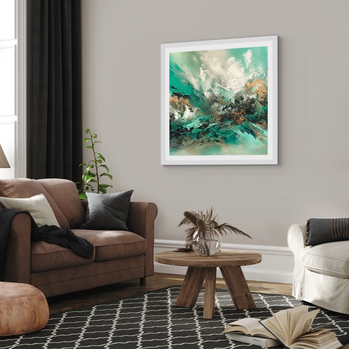 Pôster em moldura branca - Surf esmeralda e preto - 60x60 cm