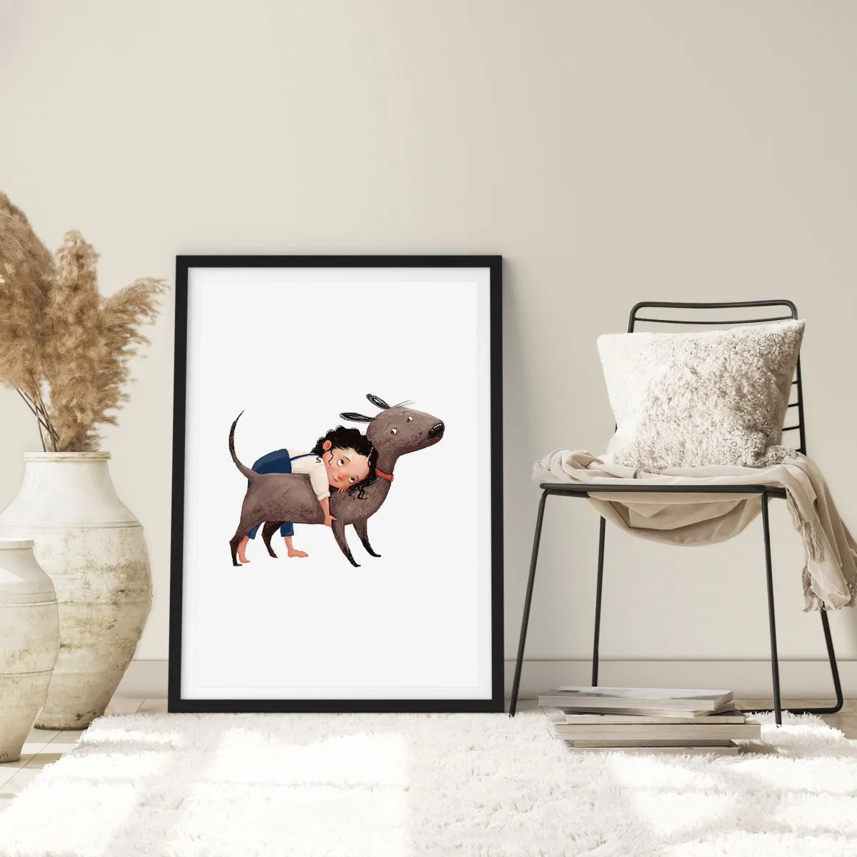 Pôster com moldura preta - Ilustração de uma criança abraçando um cachorro em um fundo branco - 50x70cm - Melhores amigos - Decoração de parede moderna para a sala de estar e quarto ARTTOR