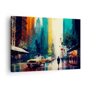 Quadro em tela - Uma cidade movimentada com táxis e transeuntes - 70x50cm - Nova York – até a chuva é colorida aqui - Decoração de parede moderna para a sala de estar e quarto ARTTOR