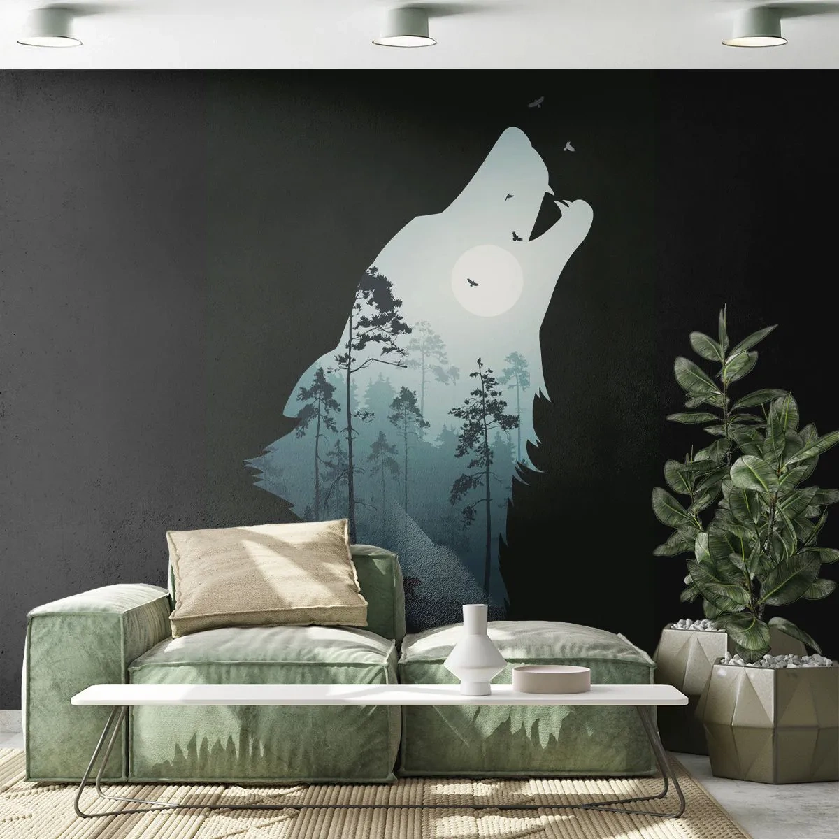 Papel de Parede Standard Eco - Silhueta de um lobo com uma paisagem de floresta e a lua - 100x70cm - A voz da noite da floresta - Decoração de parede moderna para a sala de estar e quarto ARTTOR