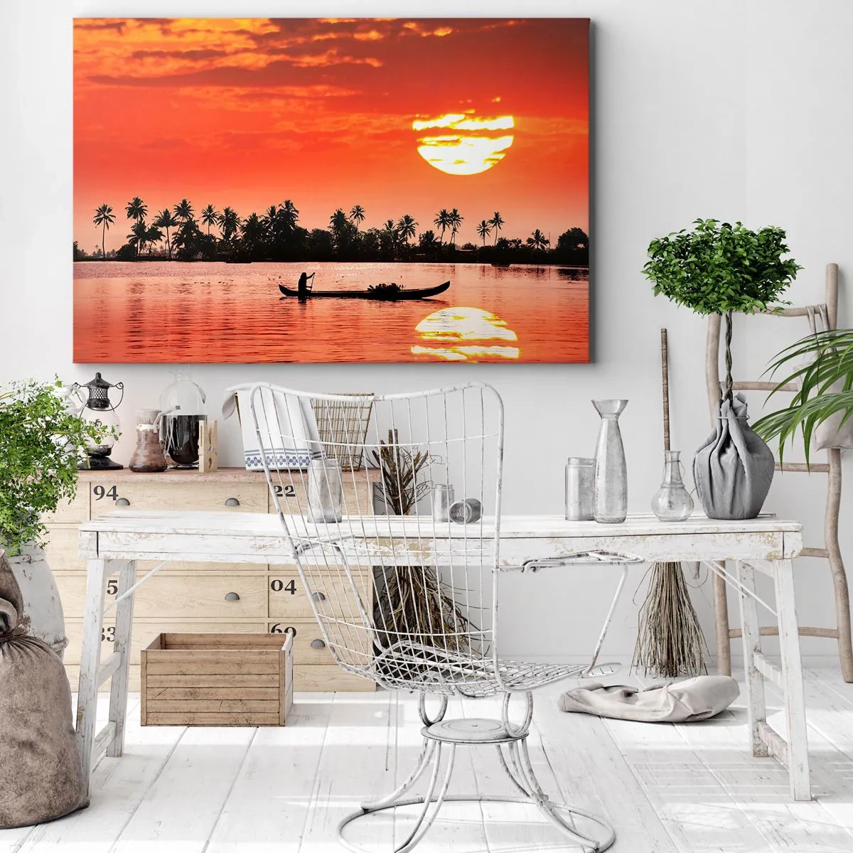Quadro em tela - Pôr do sol tropical com um barco e palmeiras ao fundo - 70x50cm - A calma dos trópicos ao pôr do sol - Decoração de parede moderna para a sala de estar e quarto ARTTOR
