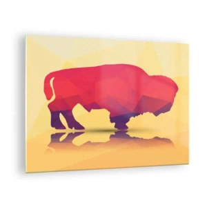 Quadro em vidro - Bisão geométrico em cores quentes - 70x50cm - A força amaranto do bisonte - Decoração de parede moderna para a sala de estar e quarto ARTTOR