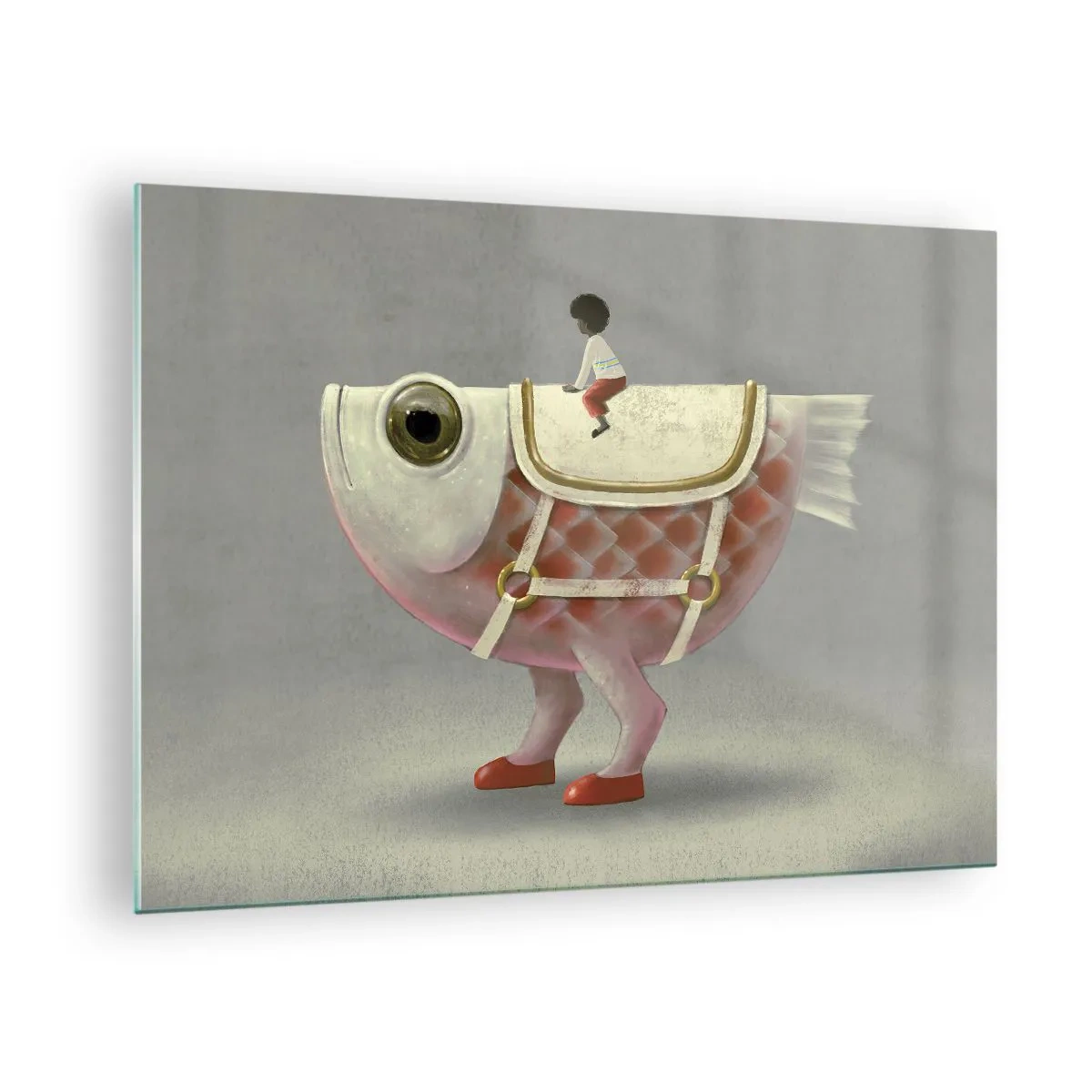 Quadro em vidro - Uma figura cavalgando um peixe rosa com pernas e uma sela - 70x50cm - O cavaleiro Peixoso - Decoração de parede moderna para a sala de estar e quarto ARTTOR