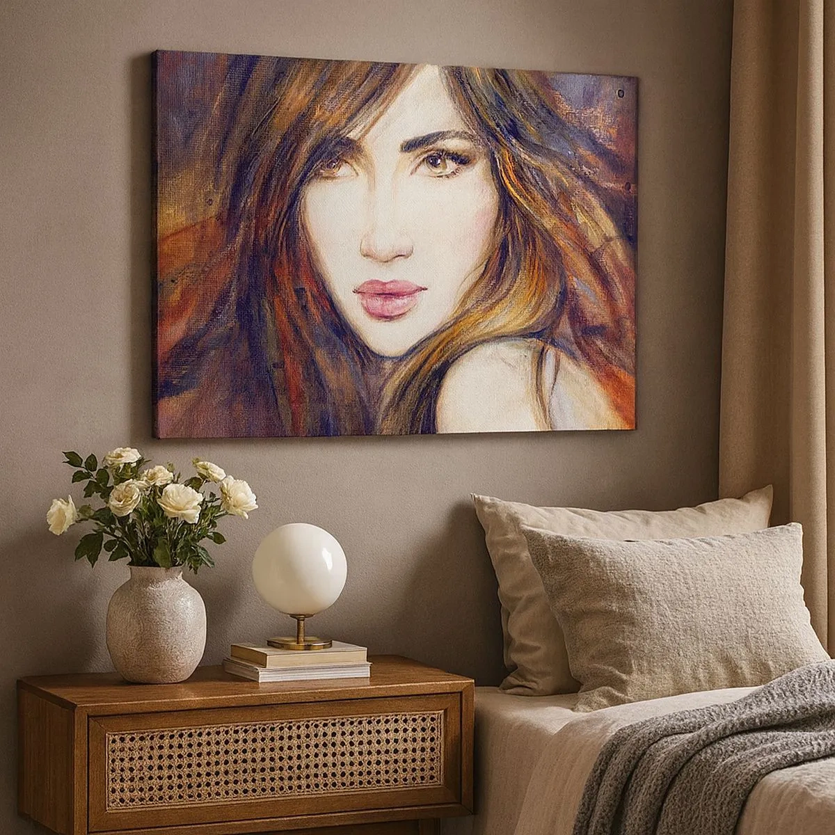 Quadro em tela - Retrato de uma mulher em estilo pictórico - 70x50cm - O que estás a pensar - Decoração de parede moderna para a sala de estar e quarto ARTTOR