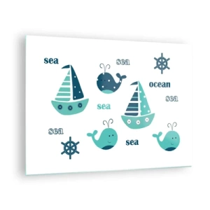 Quadro em vidro - Tema náutico com veleiros e baleias - 70x50cm - Através dos mares e oceanos - Decoração de parede moderna para a sala de estar e quarto ARTTOR