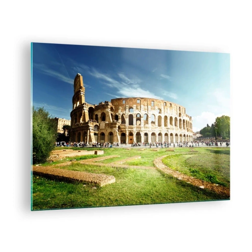 Quadro em vidro - O Coliseu de Roma iluminado pelo sol - 70x50cm - Ainda pode-se ouvir o barulho das armas - Decoração de parede moderna para a sala de estar e quarto ARTTOR