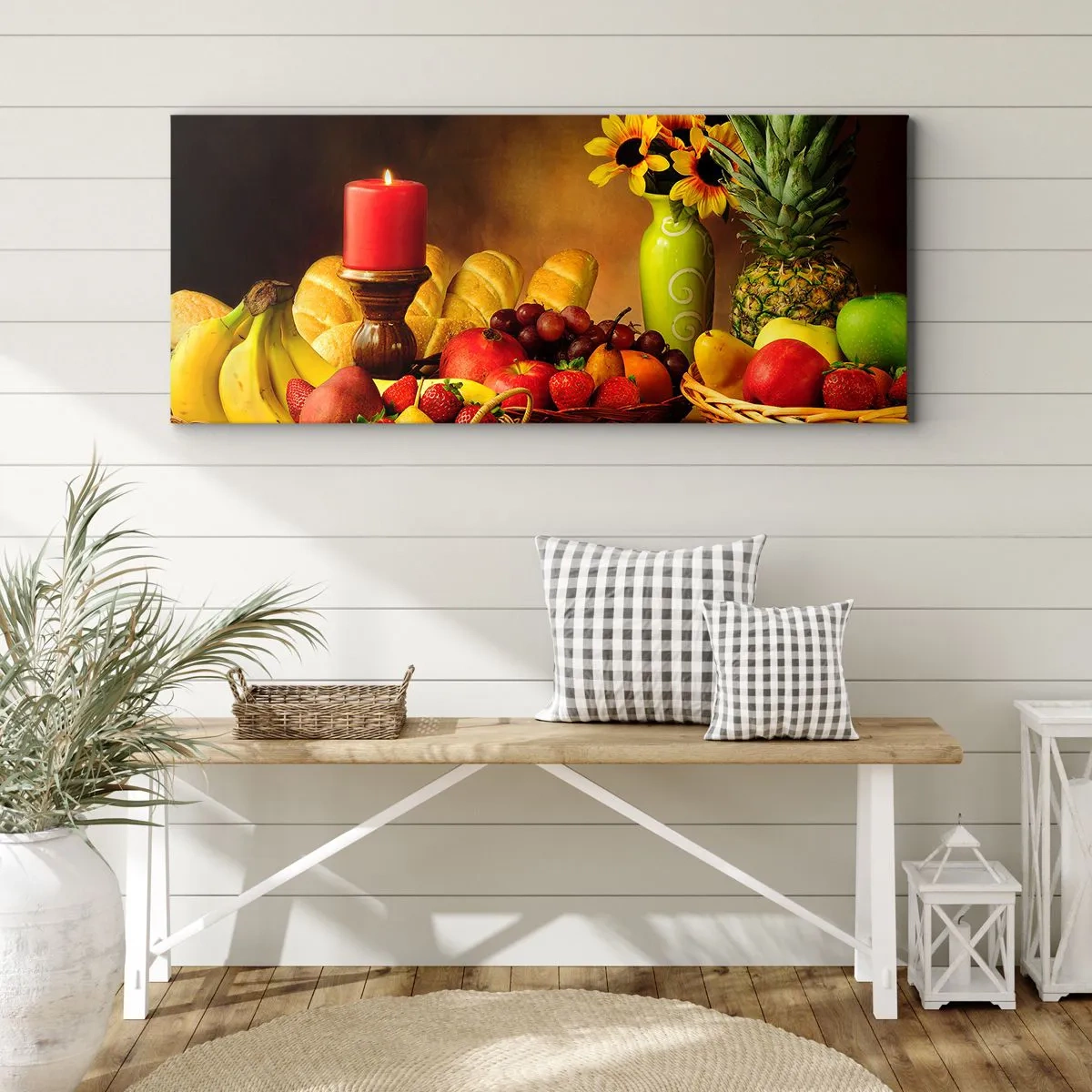 Quadro em tela - Natureza morta com pão e fruta - 90x30 cm