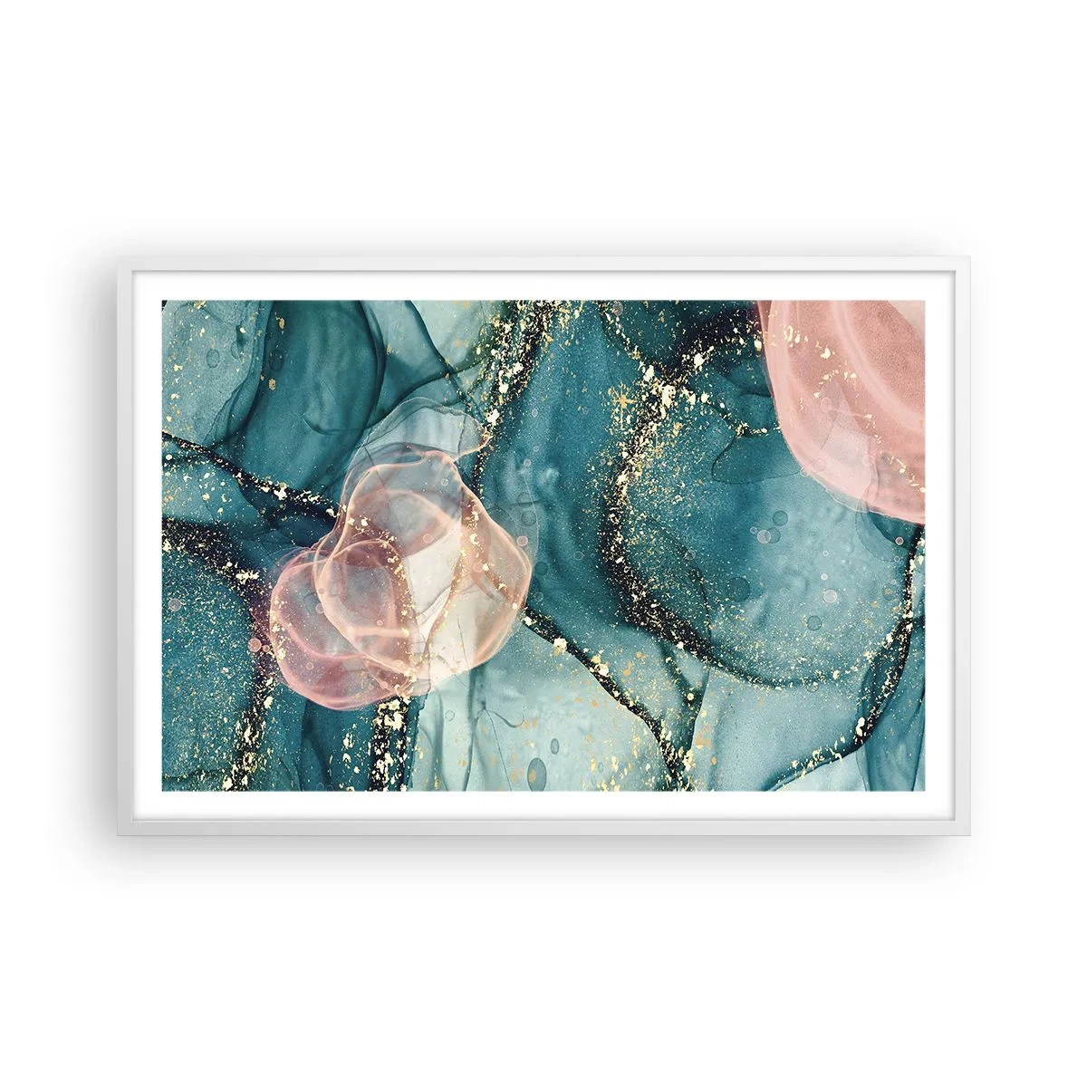 Pôster em moldura branca - Azul seda, rosa tule - 91x61 cm