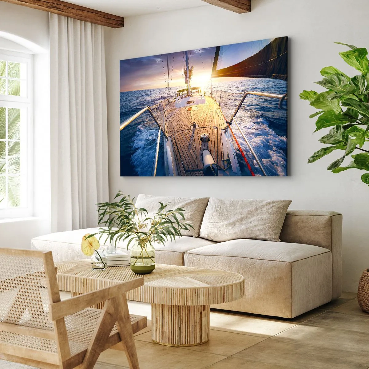 Quadro em tela - Iate no mar durante o pôr do sol - 70x50cm - Correr sobre as ondas - Decoração de parede moderna para a sala de estar e quarto ARTTOR