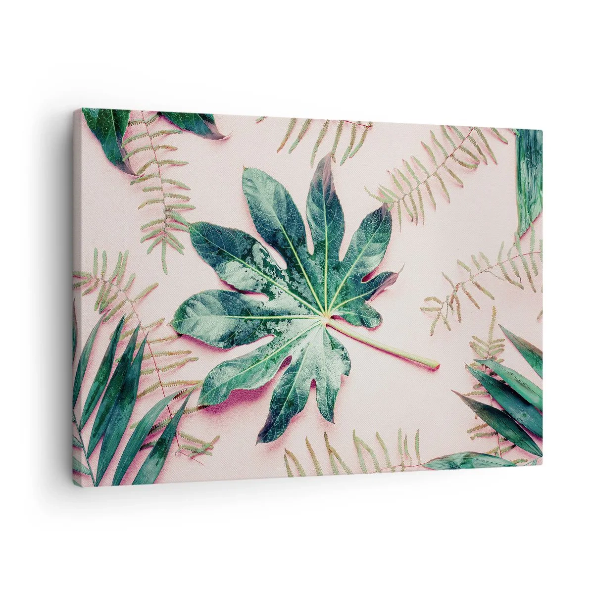 Quadro em tela - Folhas tropicais em um fundo pastel claro - 70x50cm - Estudo do verde em um fundo rosa - Decoração de parede moderna para a sala de estar e quarto ARTTOR