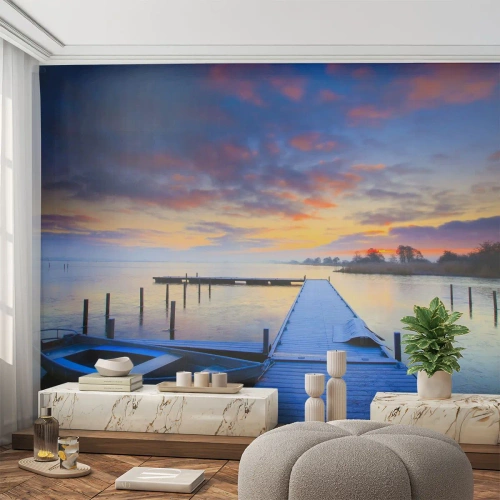 Papel de Parede Autocolante Deluxe Sticker - Paz violeta-dourada - Paisagem, Lago, Barco - 250x175 cm