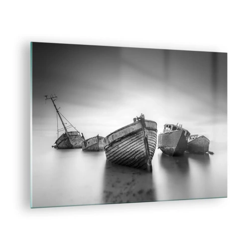 Quadro em vidro - Barcos abandonados em águas calmas em preto e branco - 70x50cm - Apenas lembranças... - Decoração de parede moderna para a sala de estar e quarto ARTTOR
