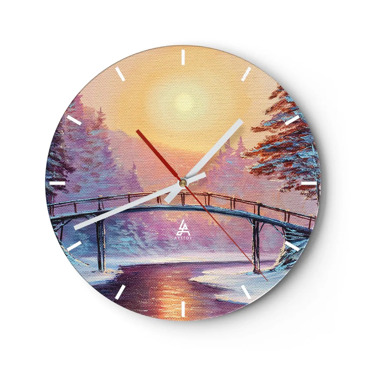 Relógio de parede - Relógio em vidro - Uma ponte sobre um rio ao pôr do sol em uma paisagem de inverno - 30x30cm - Quatro estações - inverno - Decoração de parede moderna para a sala de estar, cozinha e quarto ARTTOR
