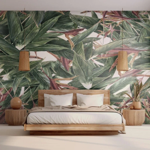 Papel de Parede Autocolante Deluxe Sticker - Matagal esmeralda-lilás - Flores, Havaí, Folhas - 100x70 cm