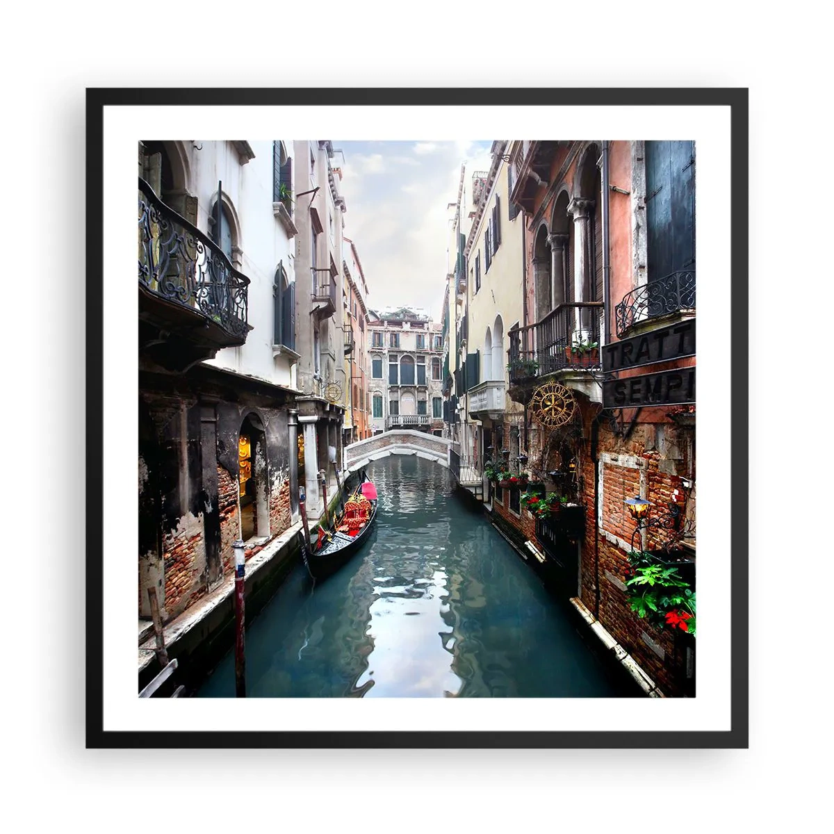 Pôster com moldura preta - Paisagem veneziana com gôndola e ponte - 60x60 cm