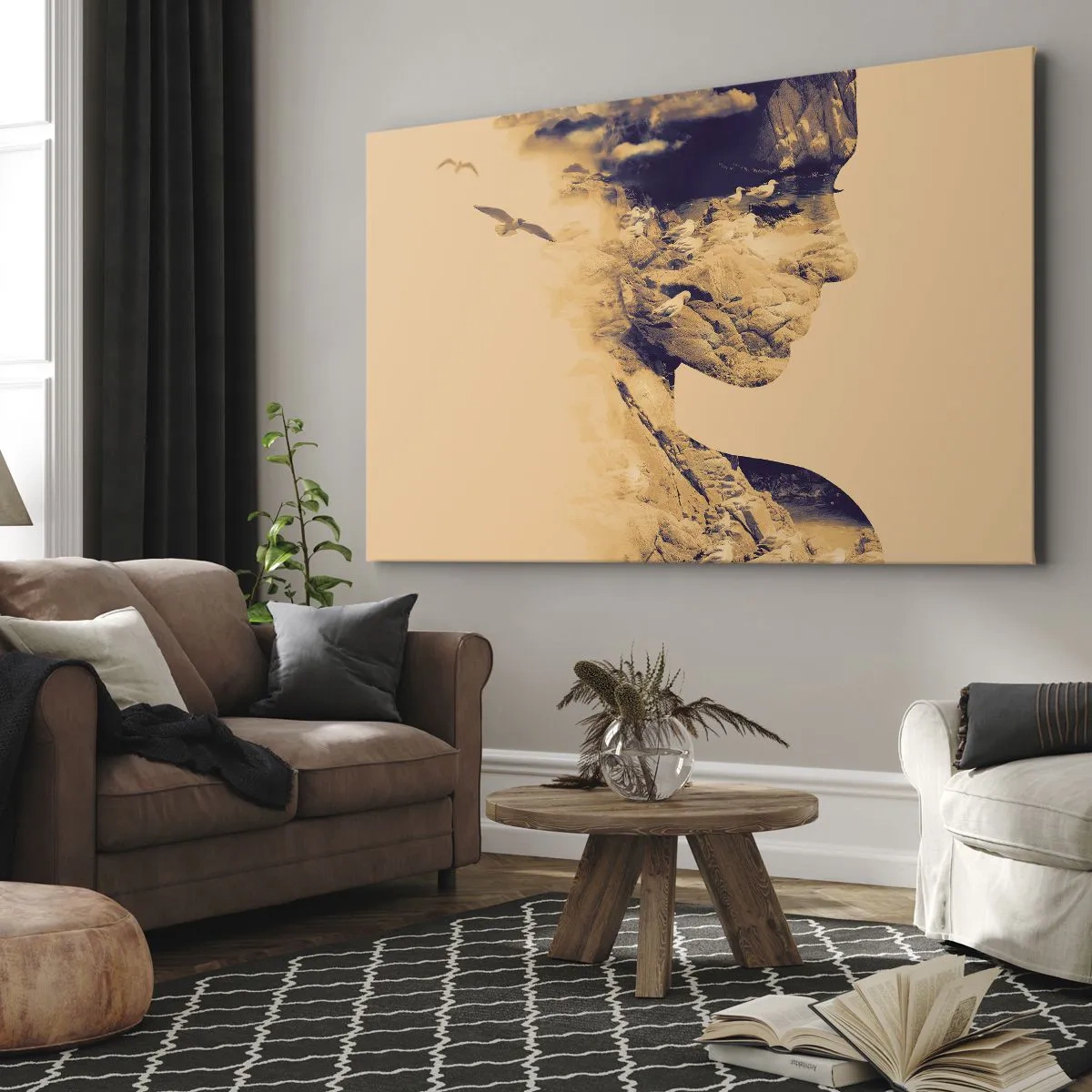 Quadro em tela - Perfil de mulher com a natureza ao fundo em tons quentes - 70x50cm - Linda por natureza - Decoração de parede moderna para a sala de estar e quarto ARTTOR