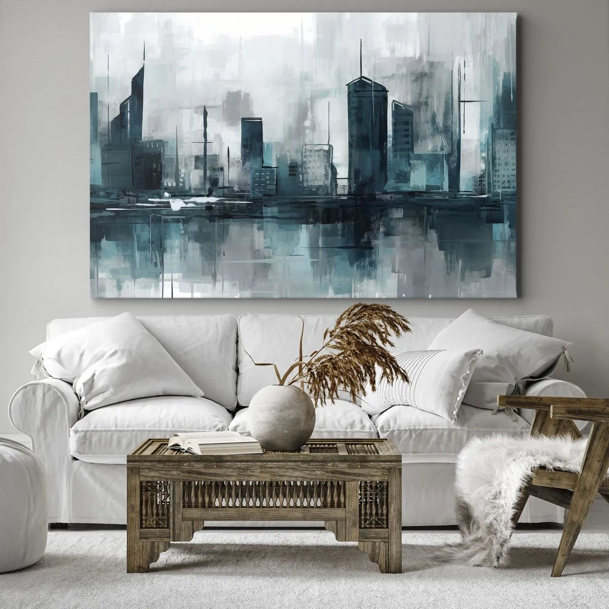 Quadro em tela - Uma cidade moderna em tons de turquesa e cinza - 70x50cm - Uma cidade da cor da chuva - Decoração de parede moderna para a sala de estar e quarto ARTTOR
